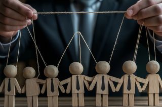 © Andres Mejia - stock.adobe.com Foto: Puppenspieler im Anzug mit Holzpuppen